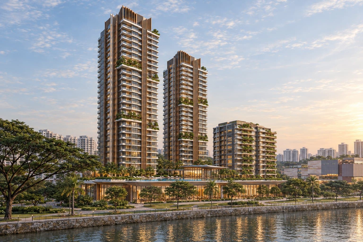 The River Opus, conceptual facade from the river walk Conceptual impression of the two residential towers and the serviced-residence block seen from the river walk, balcony bands and sky terraces above the retail podium