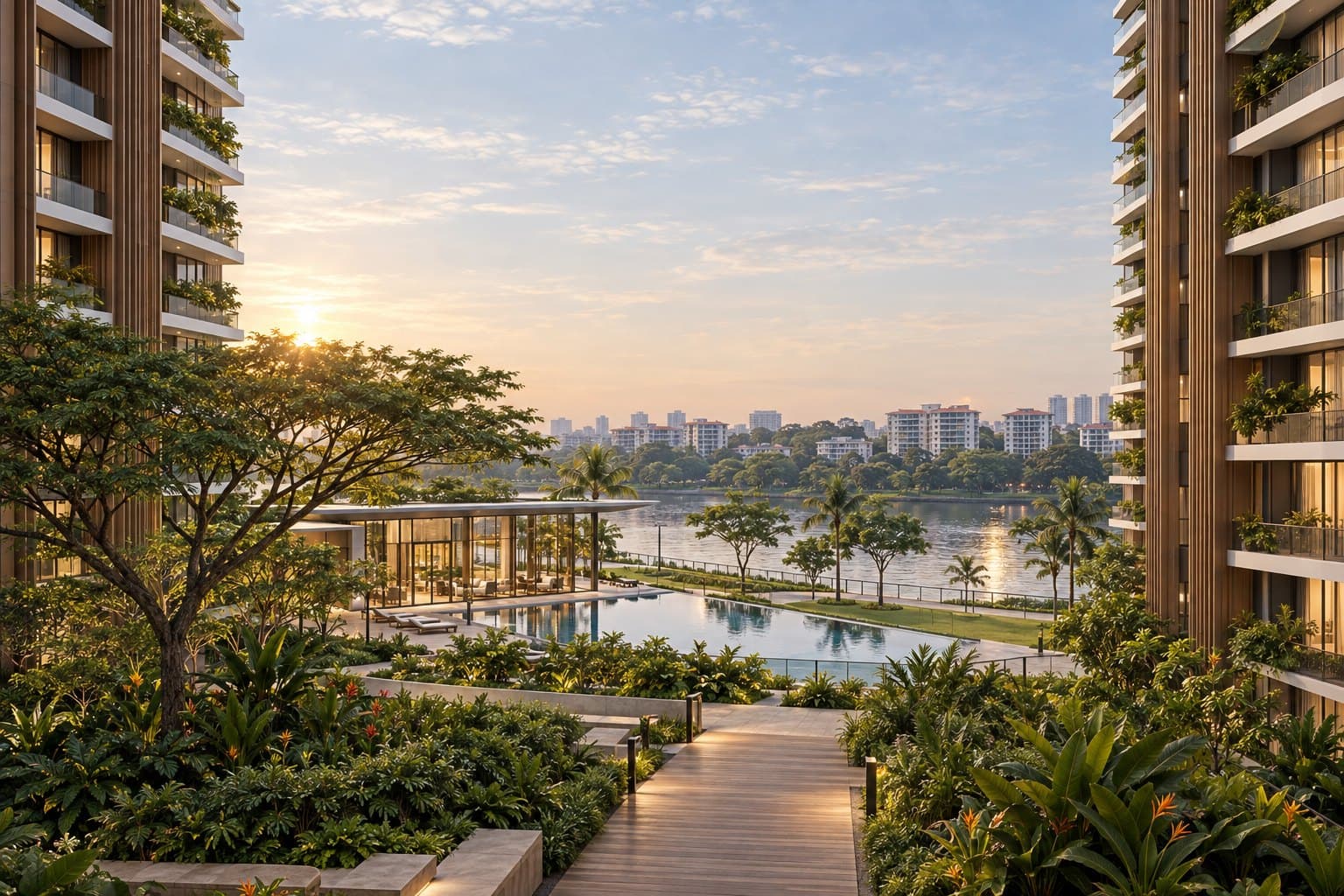 The River Opus, conceptual riverside garden Conceptual impression of the landscaped podium garden between the towers, a timber walkway leading to the clubhouse pavilion, the pool and the Singapore River