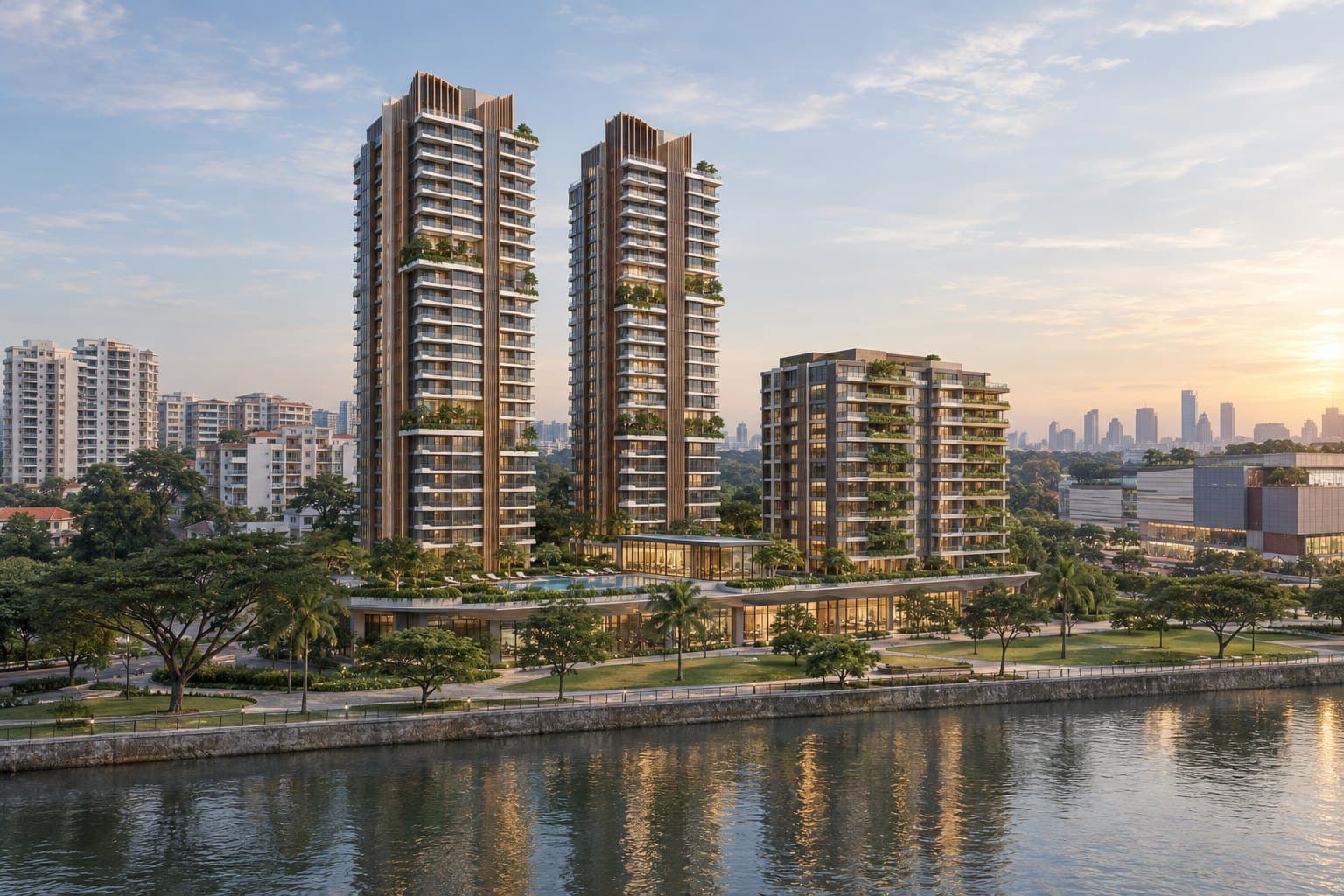 The River Opus, conceptual view from across the Singapore River Conceptual impression of two slender residential towers with planted balconies and bronze fins, a mid-rise serviced residence and a retail podium on the Singapore River at River Valley Road in late-afternoon light