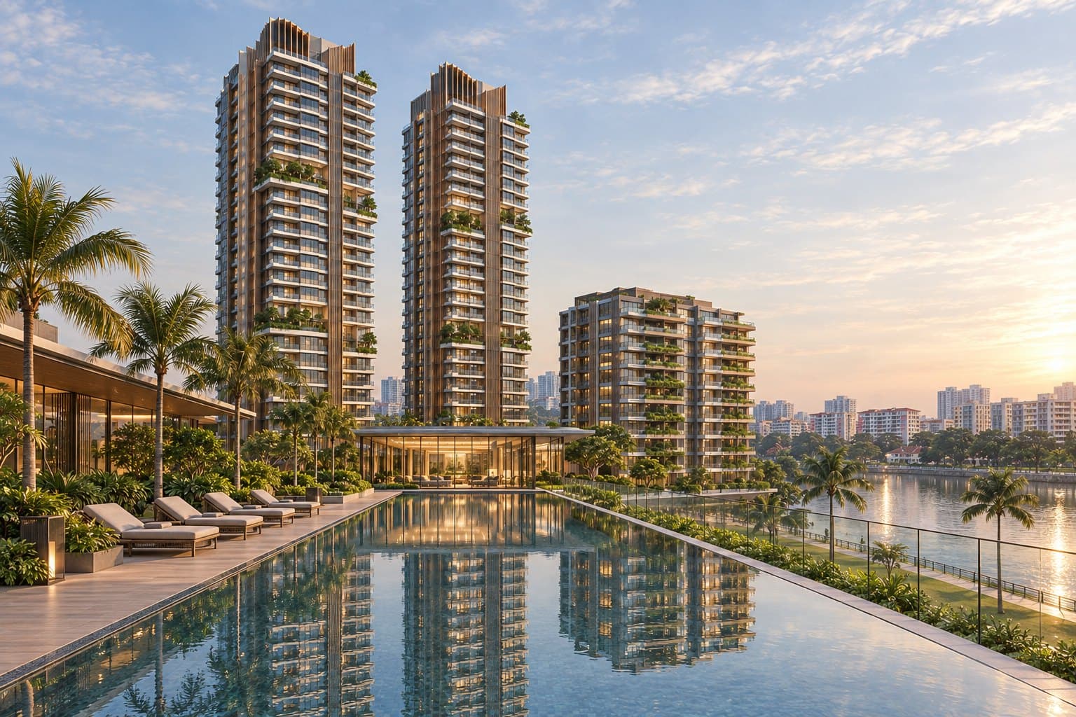 The River Opus, conceptual pool deck Conceptual impression of the podium lap pool reflecting the two towers, sun loungers and palms beside it and the Singapore River beyond the clubhouse pavilion