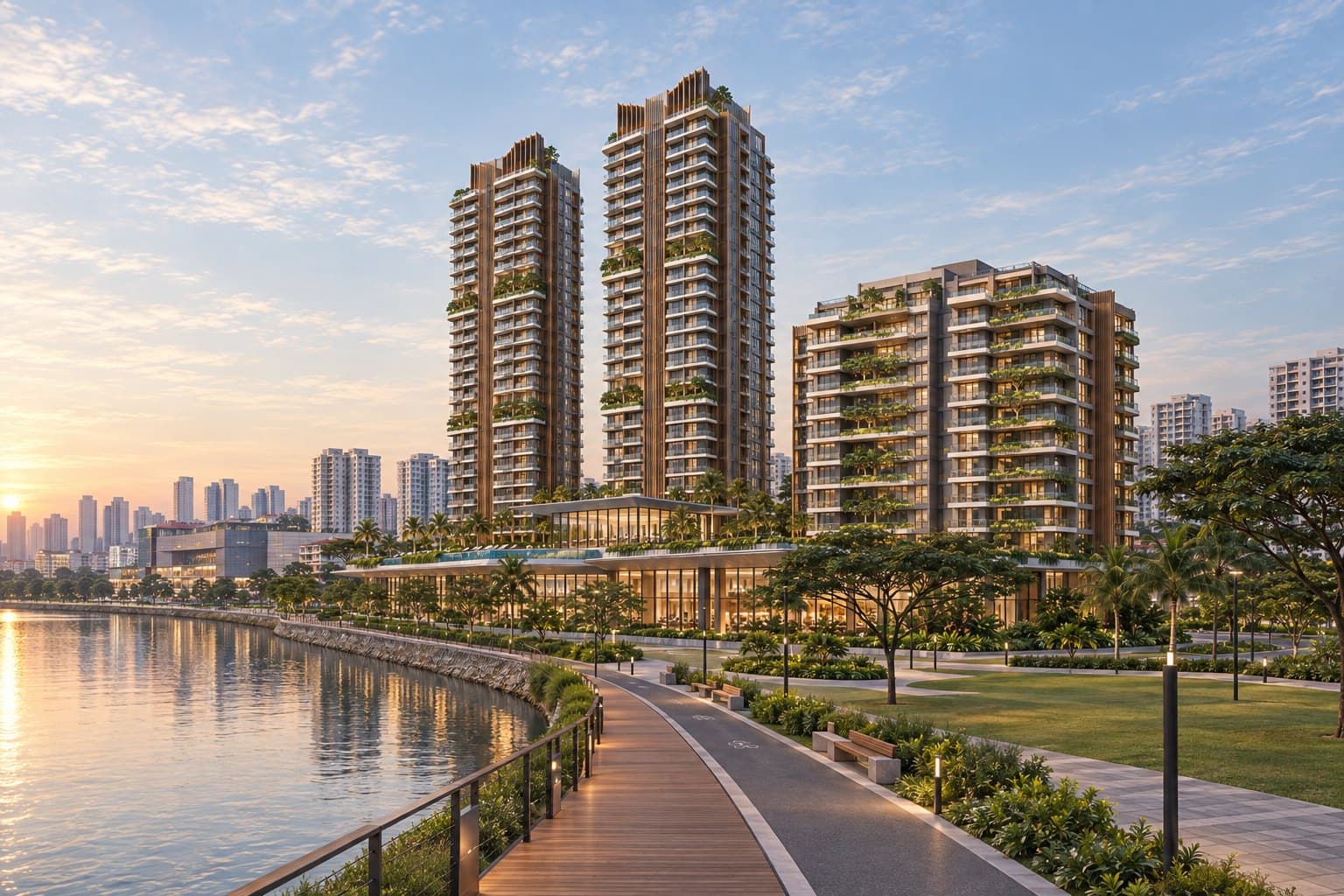 The River Opus, conceptual river walk Conceptual impression of the riverside walk and cycling path along the Singapore River with open lawn, the retail podium and the towers above