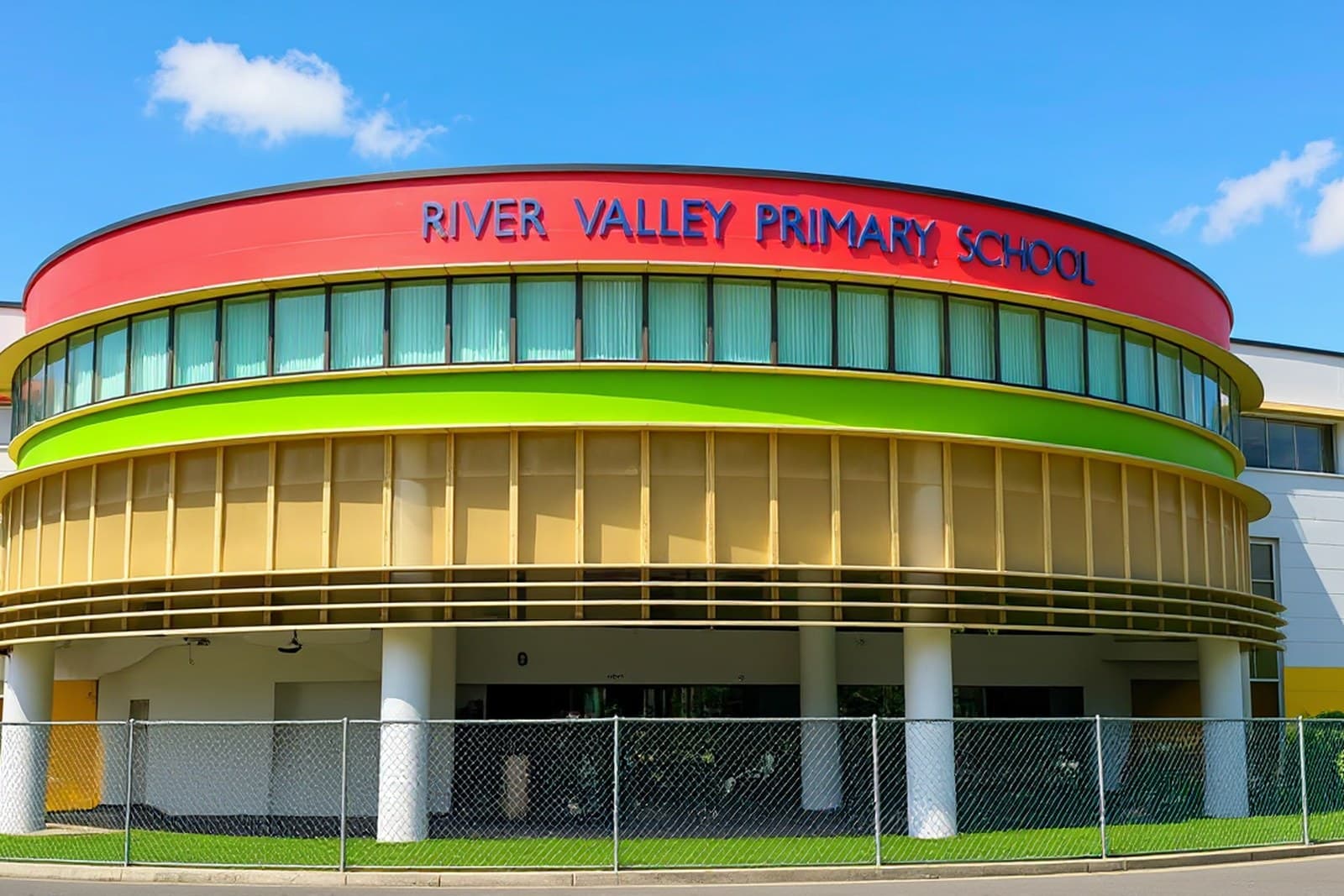 River Valley Primary School, just over 1 km from The River Opus River Valley Primary School, its round entrance block banded in red, green and gold, under a clear blue sky